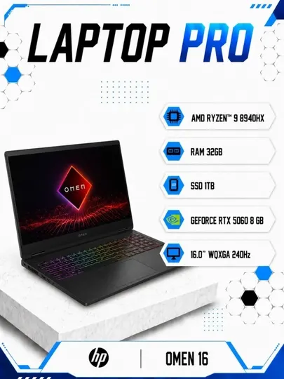 Ноутбук HP OMEN 16 AMD Ryzen™ 9 8940HX RAM 32GB SSD 1TB RTX™ 5060 8 GB 16.0″ WQXGA 240Hz