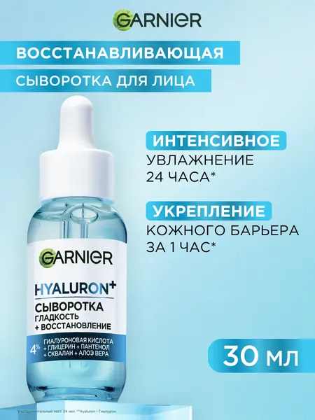 Garnier Сыворотка Гиалурон+ для лица "Гладкость + Восстановление", с 4% комплекса из гиалуроновой кислоты, глицерина, пантенола, сквалана и алоэ вера, 30 мл