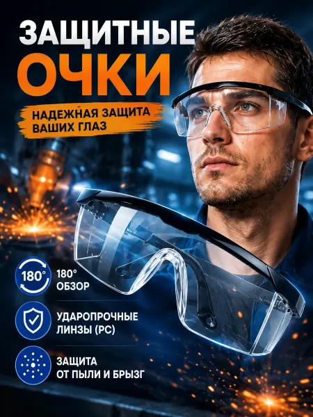 Защитные очки антизапотевание, для стройки и лаборатории