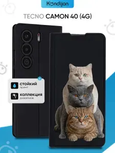 Чехол на Tecno Camon 40 4G с рисунком, противоударный, с магнитом, черный с принтом ТРИ КОТА / Текно Камон 40