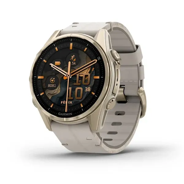 Garmin FENIX 8 43mm Amoled Sapphire Soft Gold Stainless Steel Fog Gray Leather Band+Fog Gray/Dark Sandstone, 010-02903-40