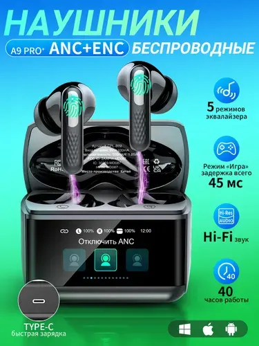 Наушники беспроводные с микрофоном шумоподавлением ,40ч работы,IPX7 Водонепроницаемые,Type C Быстрая зарядка,Для спорта и музыки,черный