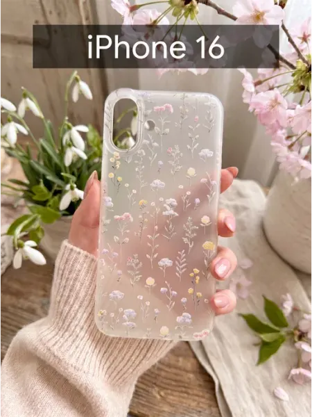 CRAZY CAT Чехол на iphone 16 Цветочки Прозрачные