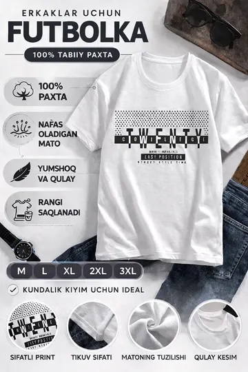 Мужская белая футболка с принтом, 100% хлопок, дышащая ткань, повседневная, размеры M–3XL
