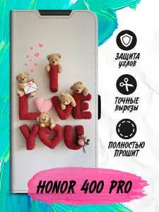 Чехол-книжка для Honor 400 Pro (Хонор 400 Про) с принтом, черный