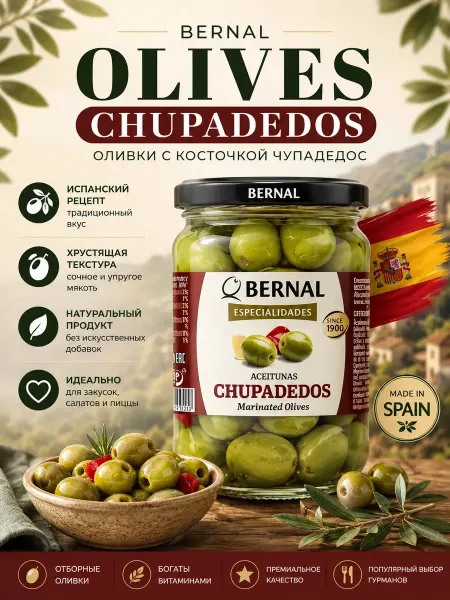 Bernal Оливки с косточкой зеленые Chupadedos 436г