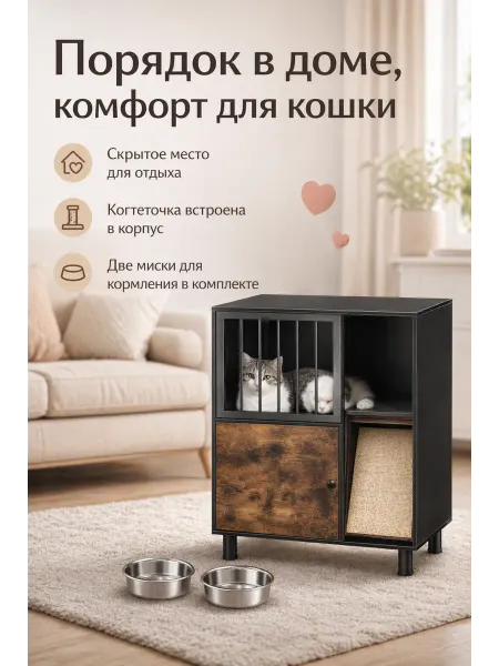 Домик-когтеточка для кошек с 2 мисками