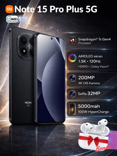 Смартфон Xiaomi Redmi Note 15 Pro Plus 5G,AMOLED-экран,камера 200Мп,6500мАч,гарантия 1 год