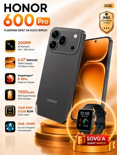 Смартфон Honor 600 Pro 5G, 200Мп камера, 7000мАч батарея, флагман Snapdragon 8 Elite