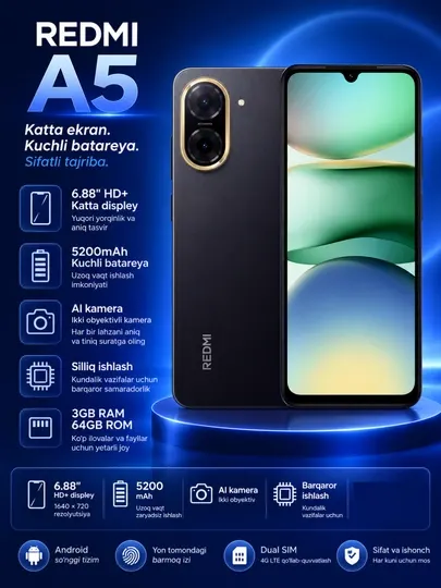Смартфон Xiaomi Redmi A5, экран 6.88" IPS, камера 32 Мп, батарея 5200 мА·ч