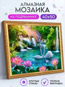 Алмазная мозаика на подрамнике 40х50 "Лебеди на водопаде"