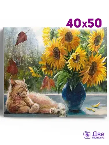 Картина по номерам Кот Подсолнухи на холсте 40х50 с подрамником