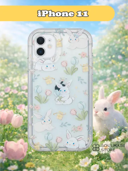 Soulmate Store Чехол для iPhone 11 прозрачный с рисунком цветы и зайцы