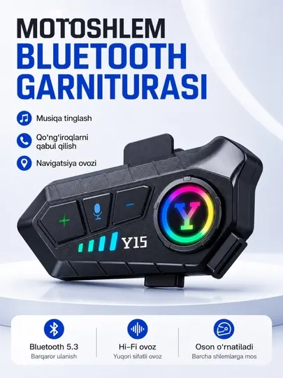 Bluetooth гарнитура y15 для мотошлема, bluetooth 5.3, hi-fi звук, ipx6