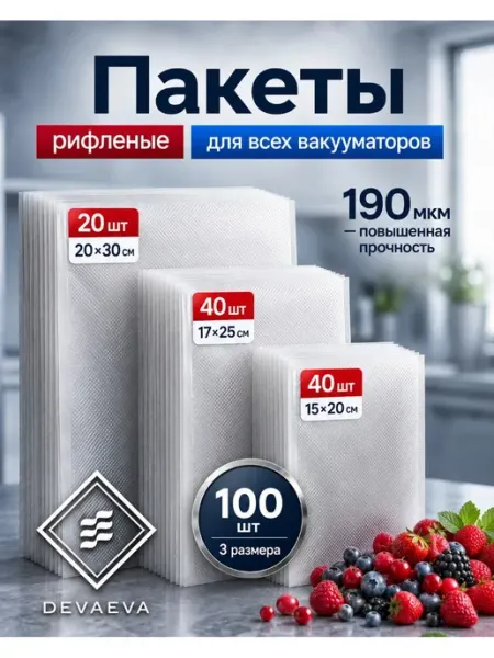 DEVAEVA Пакеты для вакууматора рифленые 15x20, 17x25, 20x30см 100 шт