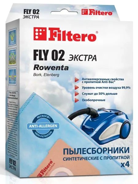 Filtero FLY 02 ЭКСТРА Мешки для пылесосов ROWENTA, HOOVER, 4 шт