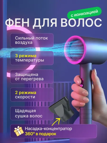 Powerful Hair Dryer Фен для волос профессиональный с насадкой фен с ионизацией