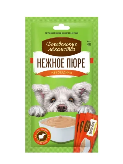 Лакомство для собак "Деревенские лакомства" натуральное Нежное пюре из говядины, 4×10 г