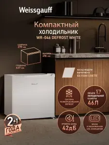 Weissgauff Холодильник Мини WR-046 Defrost White, Объём 46 л, Низкотемпературное отделение, 7 температурных режимов, Перенавешиваемая дверца, Низкий уровень шума 42 дБ, Класс энергопотребления А+, белый