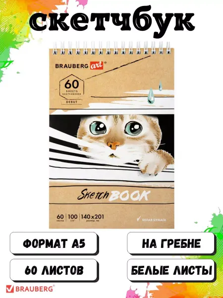 Brauberg Скетчбук а5 для рисования на гребне 60л