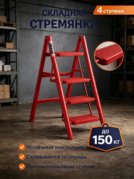 Стул-стремянка многофункциональный 4 ступени красно-черный