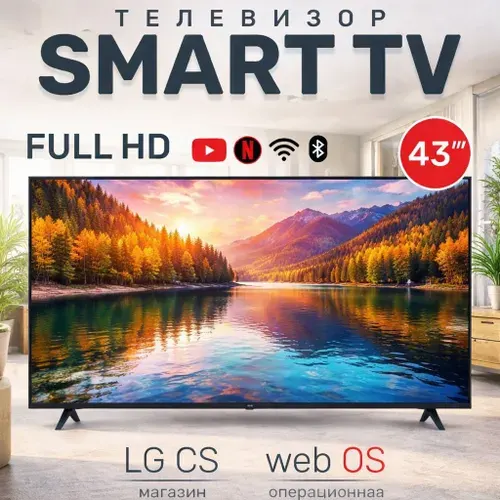 LG Телевизор ThinQ Al 43" - ДУ Аэромышь (Указка) - с голосовым управлением и безрамочный экраном. 43″ Full HD, черный матовый