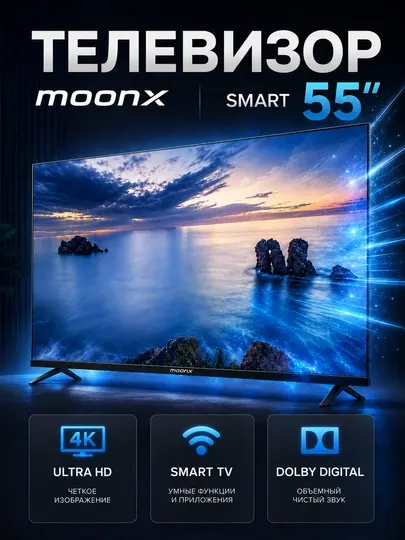 Телевизор MoonX Smart 55" 4K UltraHD, 43" Full HD, Google TV, Wi-Fi, голосовое управление