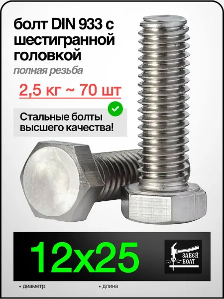 Забей Болт! Болт полная резьба DIN933 12х25 мм, 2.5 кг 70 шт