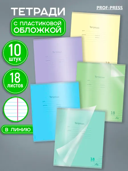 Prof-Press Тетрадь в линию 18 листов 10 штук с пластиковой обложкой