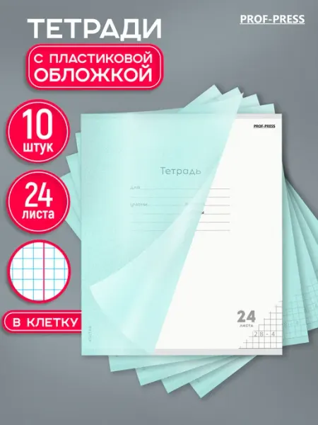 Prof-Press Тетрадь 24 листа в клетку 10 штук с пластиковой обложкой