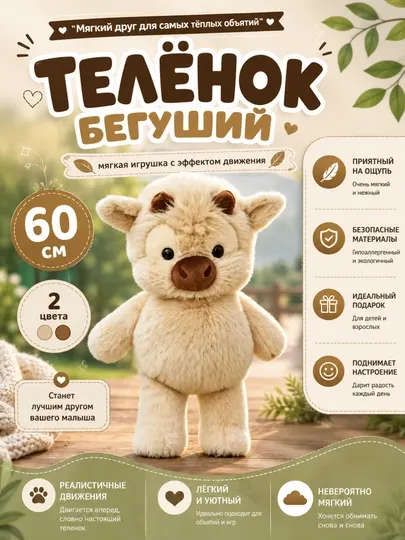 Мягкая игрушка-подвеска «Теленок» 45/60 см – розовый и светло-серый