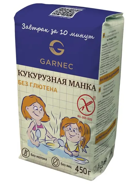 Garnec Крупа манная кукурузная без глютена, 450г