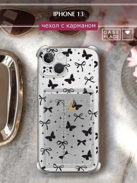 Case Place Чехол на iPhone 13 с картхолдером с бантиками