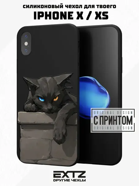 EXTZ Чехол на iPhone X и XS с принтом Черный кот