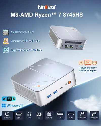 Ninkear Мини-ПК M8 Pro для работы и учебы и Игровой (AMD Ryzen 7 8745HS, RAM 16 ГБ, SSD 1024 ГБ, AMD Radeon 780M, Windows 11 Pro), двухканальная RAM SSD, с Type C WIFI 6, черный