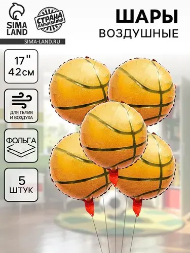 Воздушные шары фольгированные 17" Баскетбольный мяч. Круг , набор 5 шт. 10925467