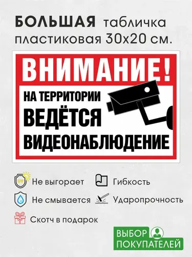 Большая табличка 30х20 см Ведется видеонаблюдение пластиковая уличная