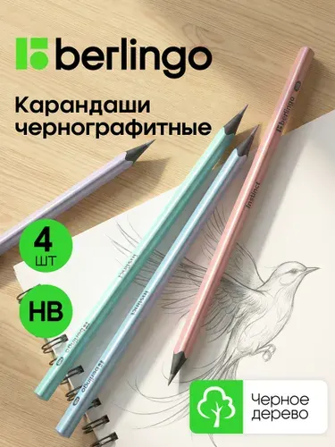 Набор простых карандашей чернографитных HB для школы из черного дерева, 4 штуки