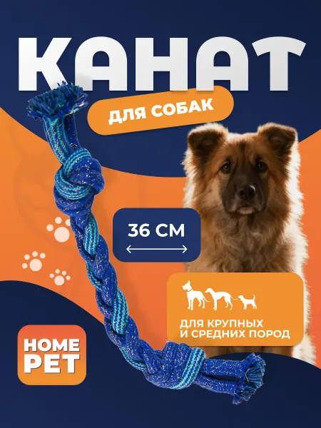 HomePet Игрушка для собак, канат с двумя узлами сине-голубой, 36см