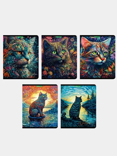 Тетрадь, А5, 48 листов, клетка, "Лесные коты", 5 шт
