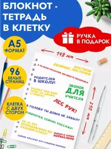 Блокнот / Тетрадь А5 в клетку 48+2 листов, с ручкой в наборе, для школы и офиса, взрослых и детей, блокнот в подарок для девочек и мальчиков на Выпускной