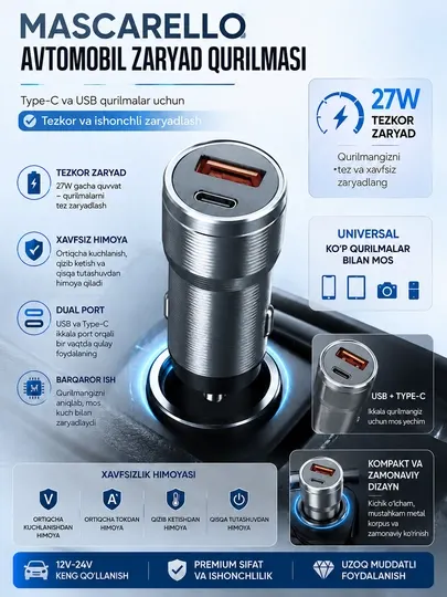 Автомобильный зарядник Toocki 48W USB-C USB-A, быстрая зарядка для авто