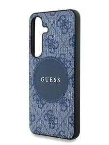 Чехол Guess на Samsung Galaxy S25+ Magsafe из экокожи, с металлическим логотипом, с принтом 4G Round Patch, PU Leather, синий