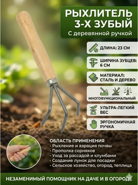 Рыхлитель садовый 3 зуба с деревянной ручкой тяпка