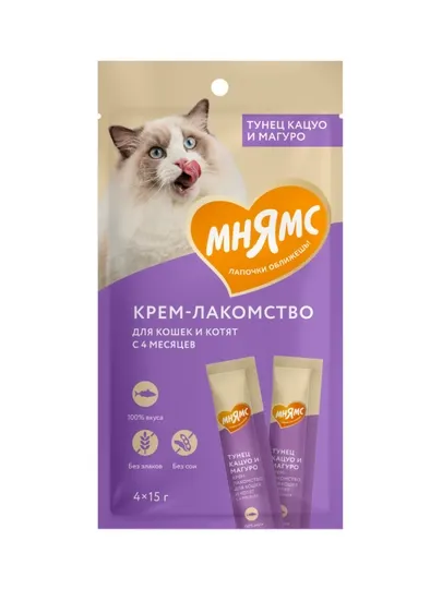 МНЯМС Крем-лакомство для кошек и котят с тунцом Кацуо и Магуро 4x15gr