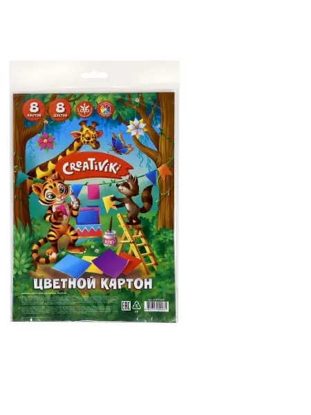 КанцИзобилие Картон цветной Creativiki А4, 8 цветов 8 листов, 190 г м2