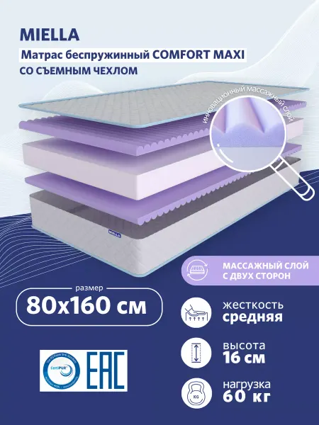 MIELLA Матрас на кровать 160x80 ортопедический Comfort Maxi