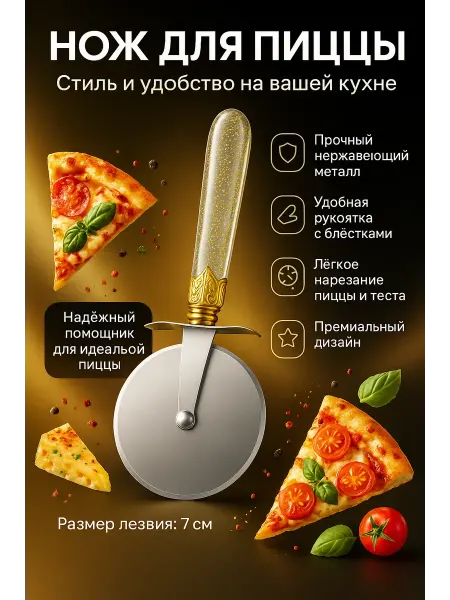 Tomi&Naya Роликовый нож для пиццы с золотой ручкой диаметр 10 см