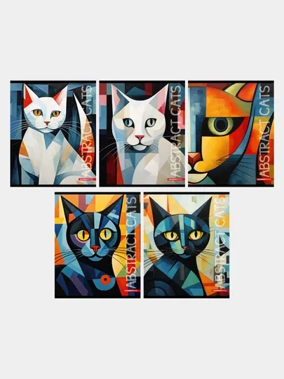 Тетрадь А5, 48л, клетка, "Графичные коты", 5 шт