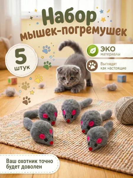 Пушистики&Co Игрушки для кошек мышки с погремушкой 5 шт